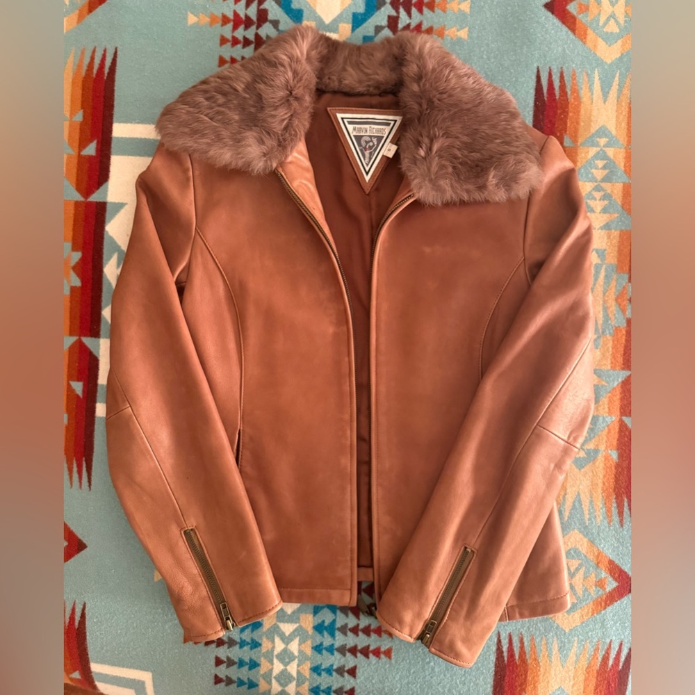 Marvin Richards Leather Jacket in Cognac with rabbit fur detachable collar